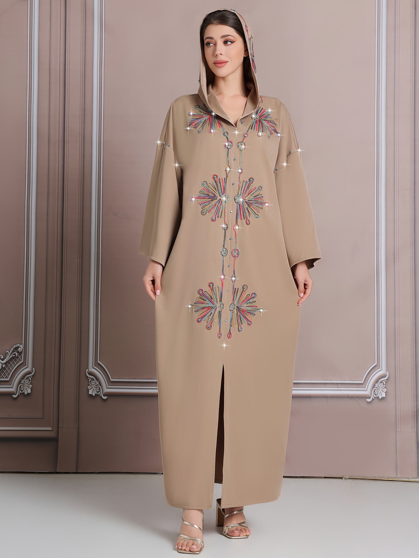 Elegant Long-Sleeve Kaftan with Colorful Embroidery - Polyester, Drop Shoulder, Slit Hem, No Belt, All-Season Wear, Abaya for Women, Festive Attire|Elegant Embroidery|Polyester Kaftan