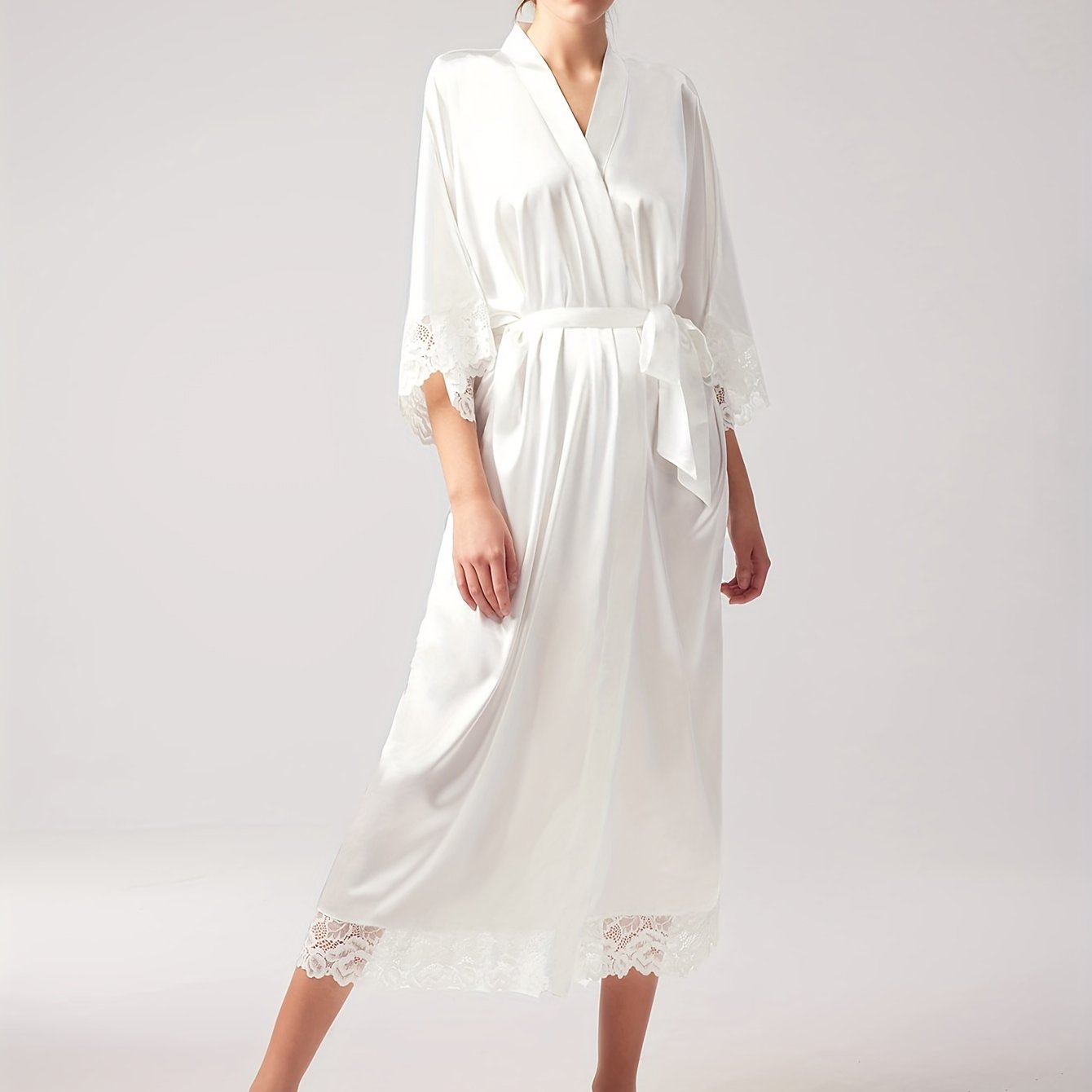 Satin Kimono Robe Long Bridesmaid Wedding Bath Robe With Lace Trim