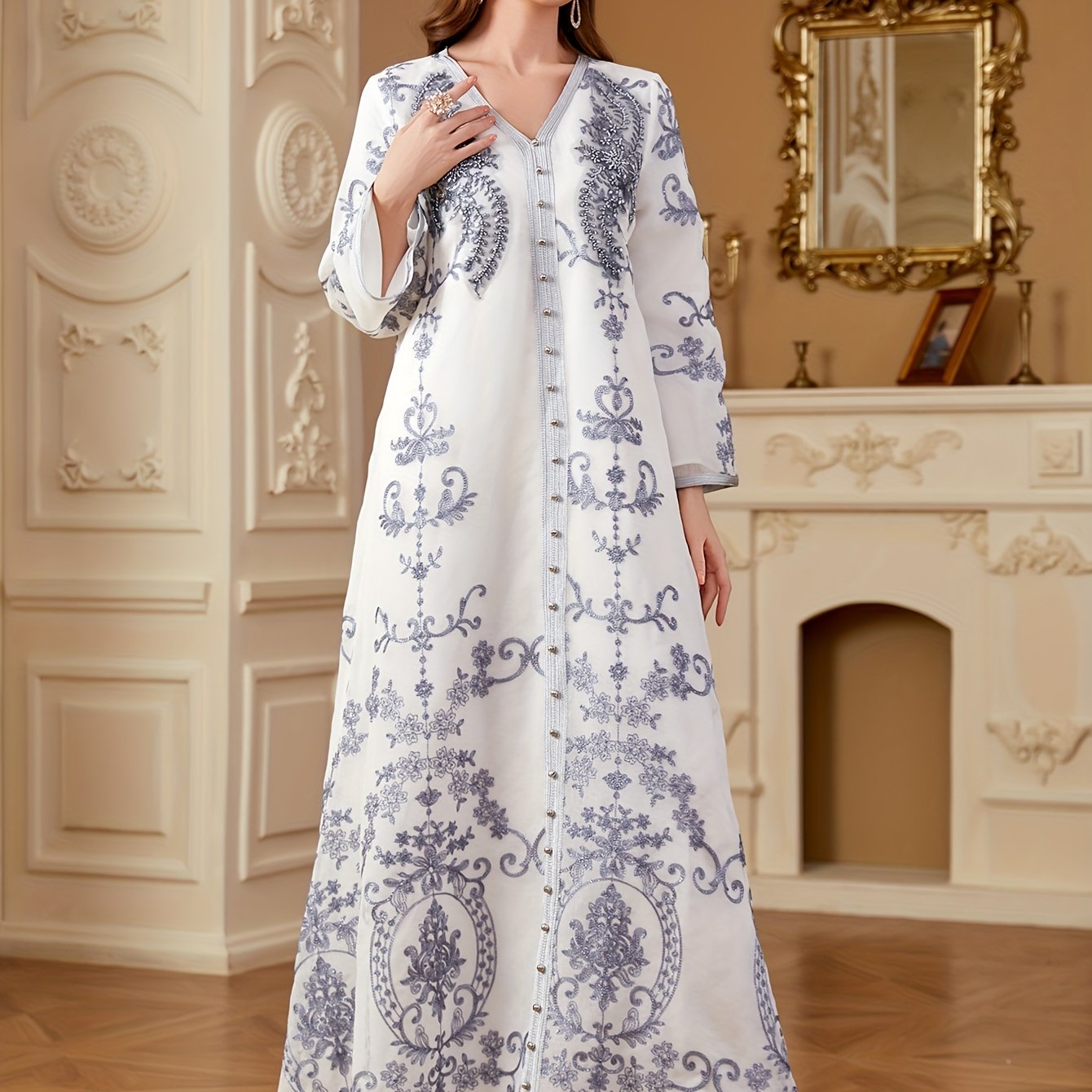 Elegant White V-Neck Long Sleeve A-Line Modern Abaya with Floral Embroidery & Sequin Details - Machine Washable All-Season Formal & Casual Wear, Long Sleeve Dresses, Special Occasion