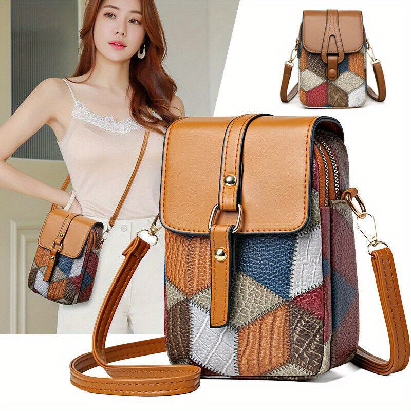 Stylish Retro Leather Crossbody Bag - Patchwork Rhombus Pattern & Multiple Compartments - Versatile Phone Wallet & Coin Purse