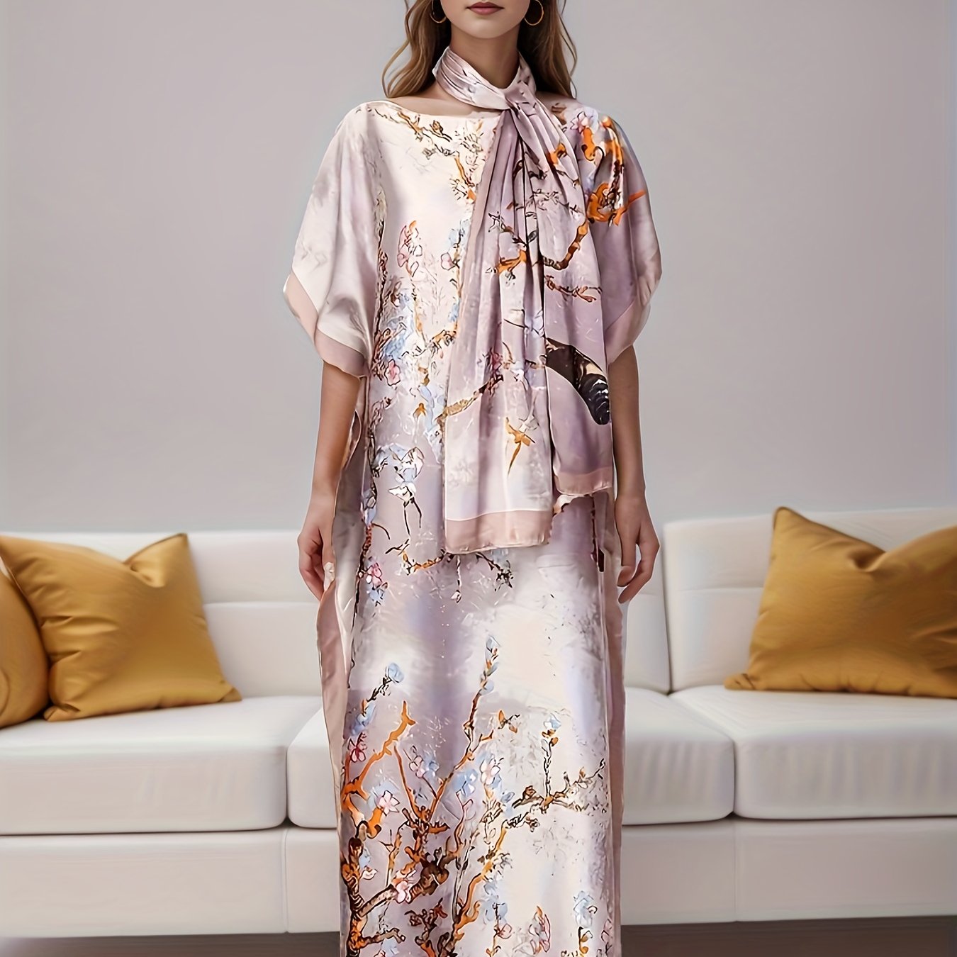 Elegant Floral Print Abaya Set with Batwing Sleeves and Draped Asymmetrical Hem