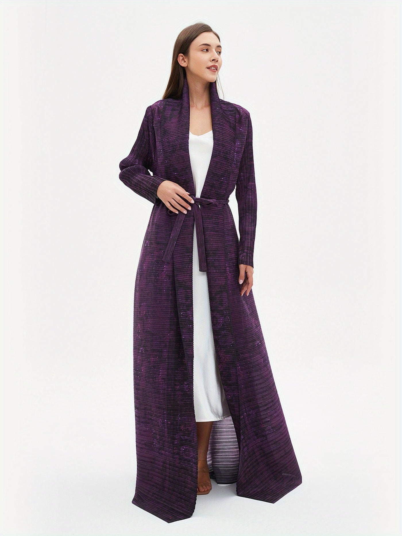 Elegant Long Robe for Eid al-Fitr - Women'S Stylish Geometric Print Maxi Abaya with Tie Waist, Lightweight Polyester, Perfect for Spring, Summer & Fall, Middle Eastern Fashion, Long Sleeve