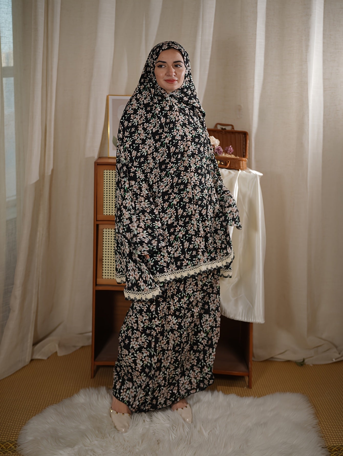 Middle Eastern Women'S Hooded Prayer Robe Two-Piece Set Jilbaab