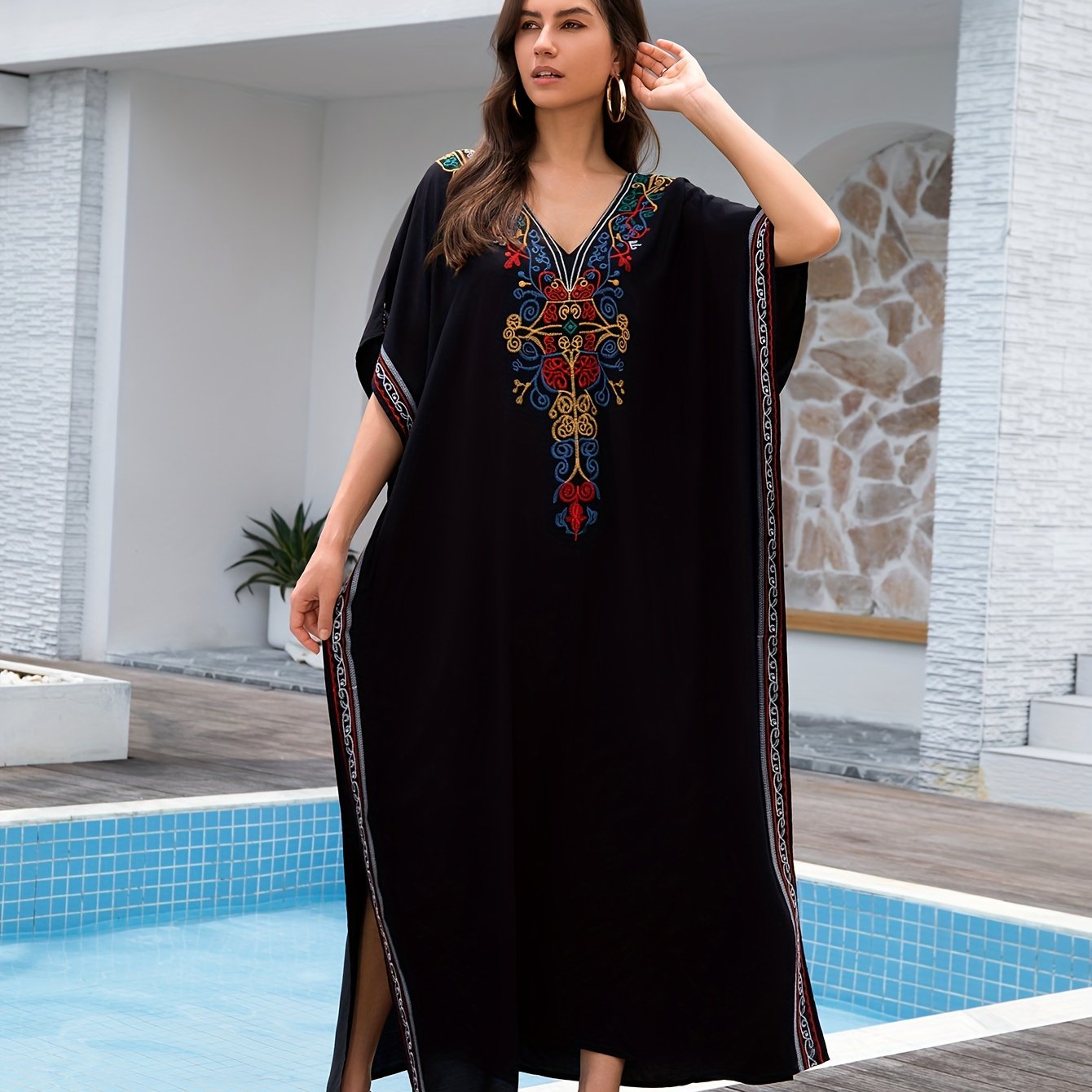 Women's Embroidery Swimsuit Cover Ups Beach Cover Up Kaftan Plus Size V Neck Ethnic Style Batwing Sleeve Kaftan Dress - For Women - Suitable for Beach, Pool, Vacation - Perfect Gift for Summer