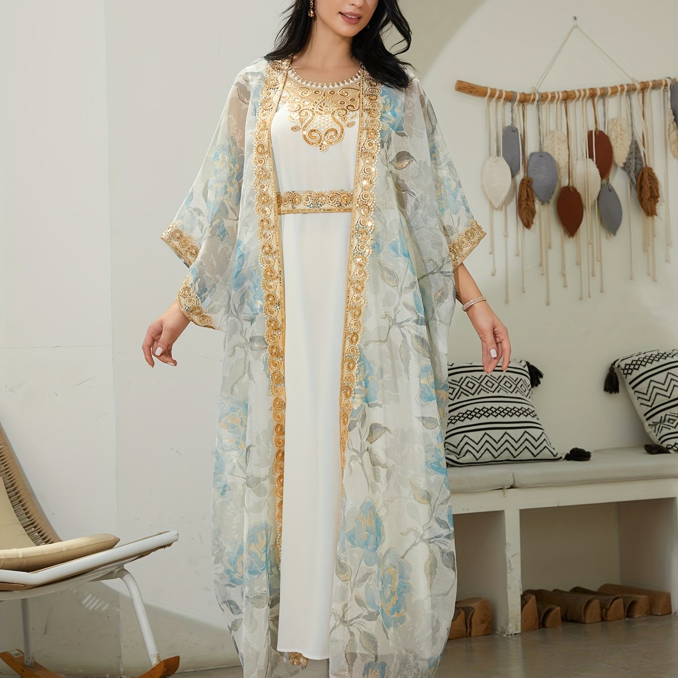 Oriental Traditional Style Sequined Lace Two-Piece Mesh Emirati Abaya Dress for Women - Long Robe with Veil