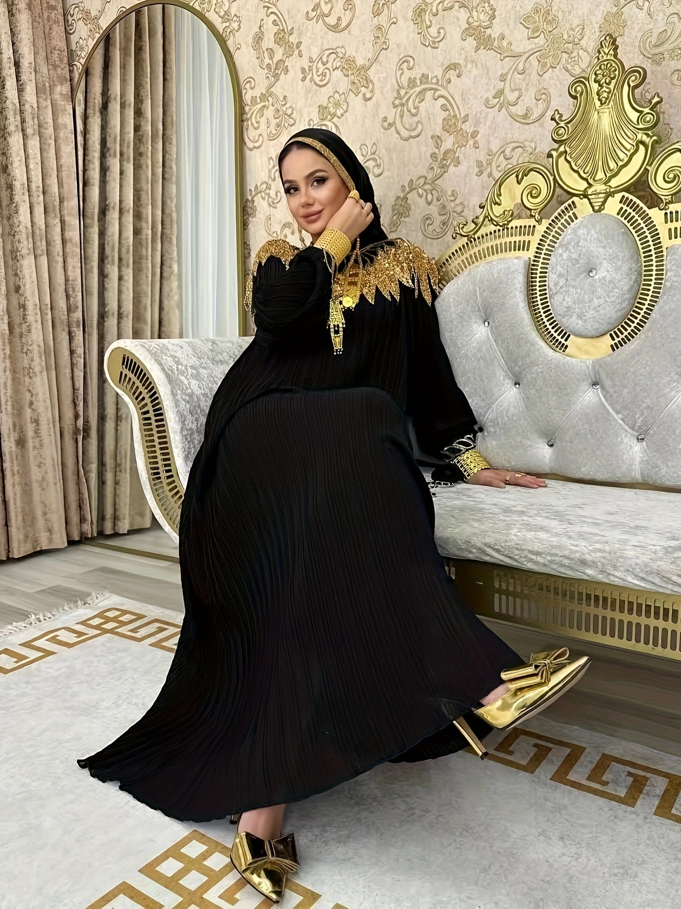 Elegant Black Sequin Gown with Golden Embellishments, Long Sleeves, and Asymmetrical Hem - Loose Fit Modern Abaya, Polyester, Perfect for Parties and Formal Events, Formal Event Attire