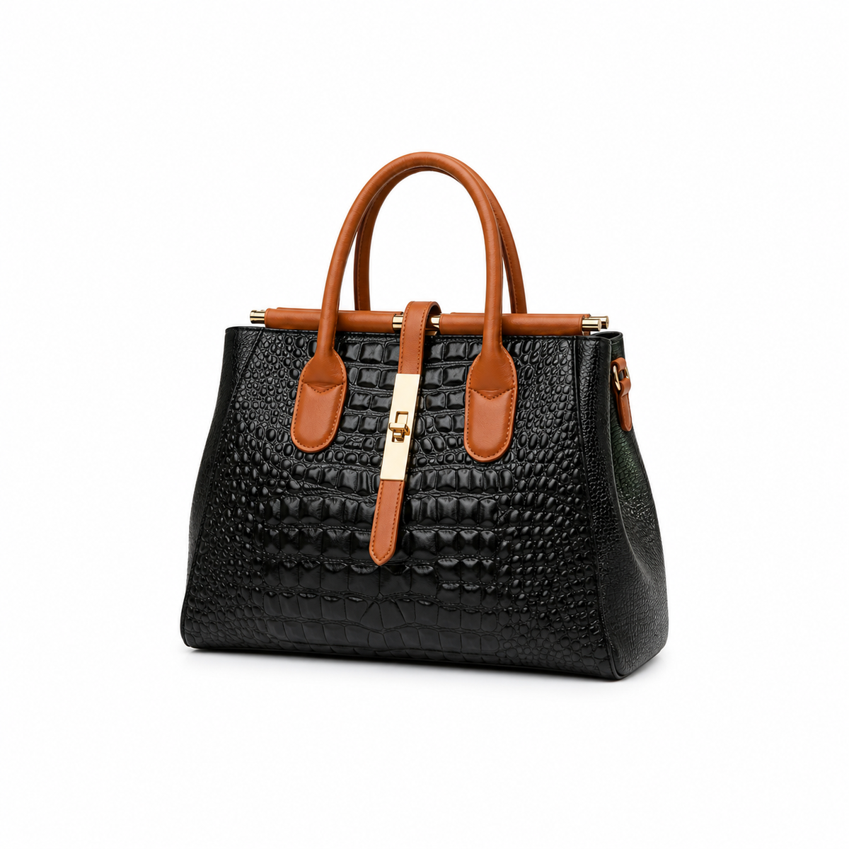 Black Crocodile Textured Structured Tote Handbag