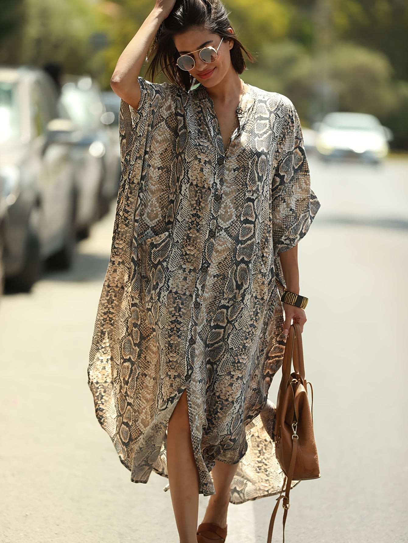 Women's Long Dress Bating Sleeve Kaftan Dresses Print Stripe Snake Pattern Dot Pattern Beach Cover Up Leisure Vacation Home Outfits Swimsuit Cover Up Ethnic Loose Robe