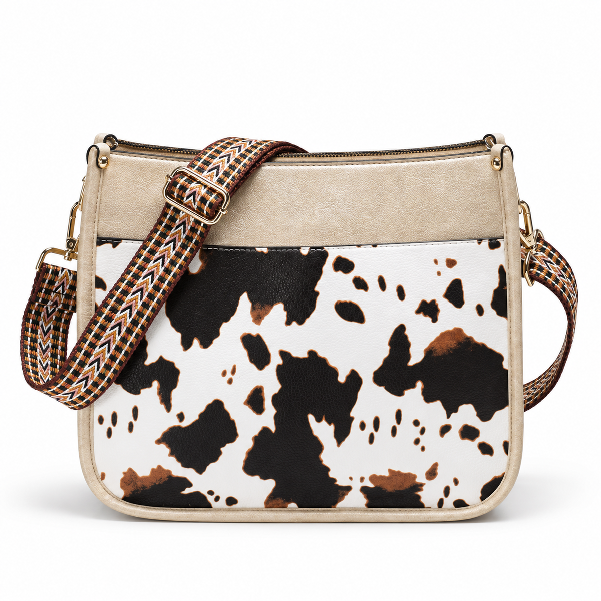 Cow Print Crossbody Bag With Woven-Strap