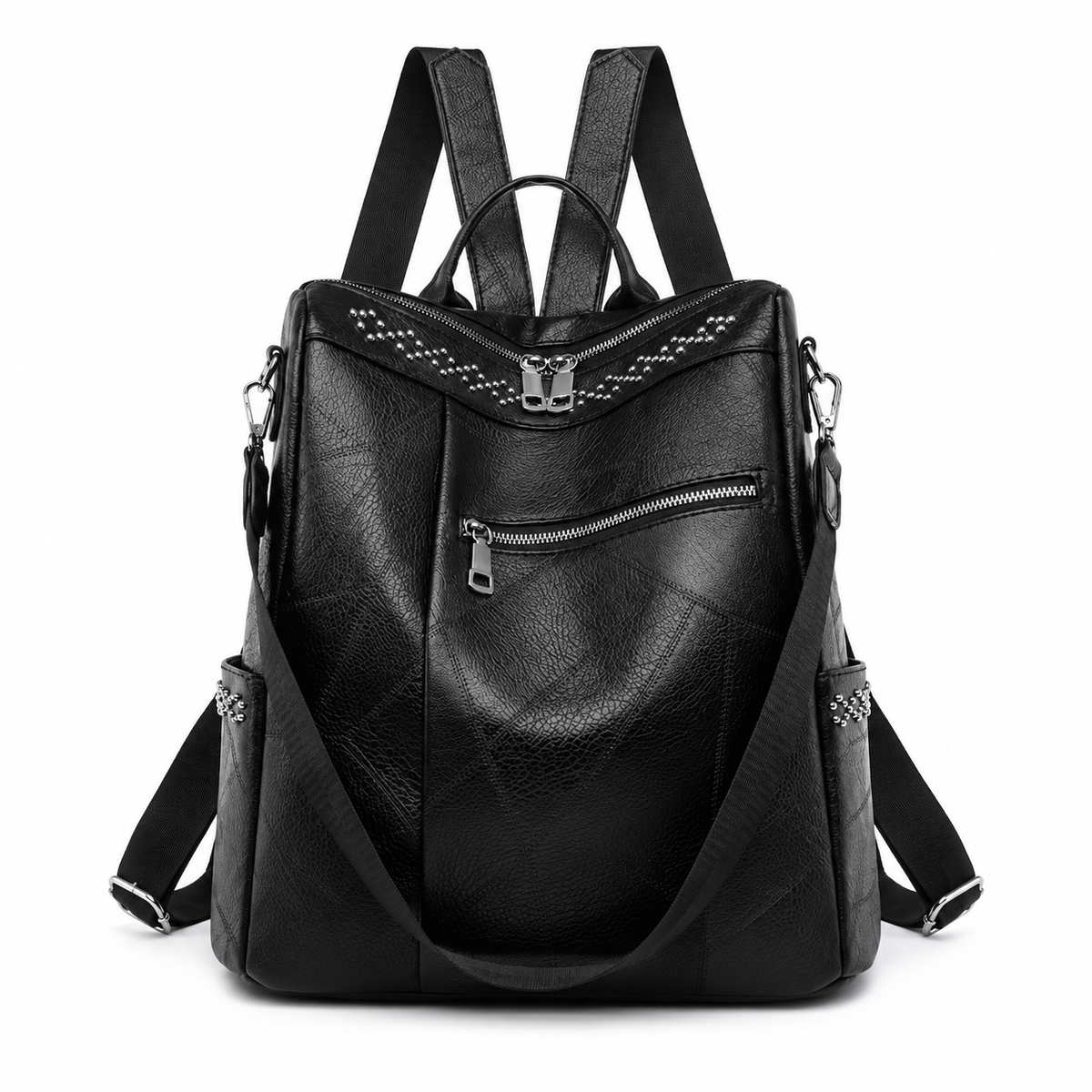 Black Textured Backpack With Studded Details