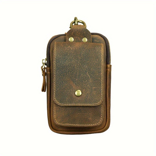 New Retro Crazy Horse Vintage Leather Waist Bag, Cowhide Wearing Belt Hanging Bag, Genuine Leather Multi Functional Phone Hanging Bag