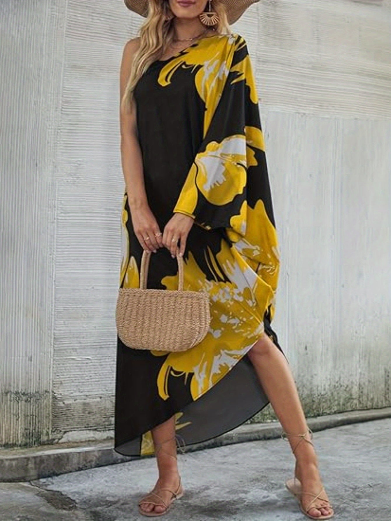 Women'S Elegant Kaftan Dress - V-Neck, Long Sleeve, Flowy Beach Cover-Up with Orange & Black Floral Print, Lightweight Polyester for Summer Vacation, Beach Dress