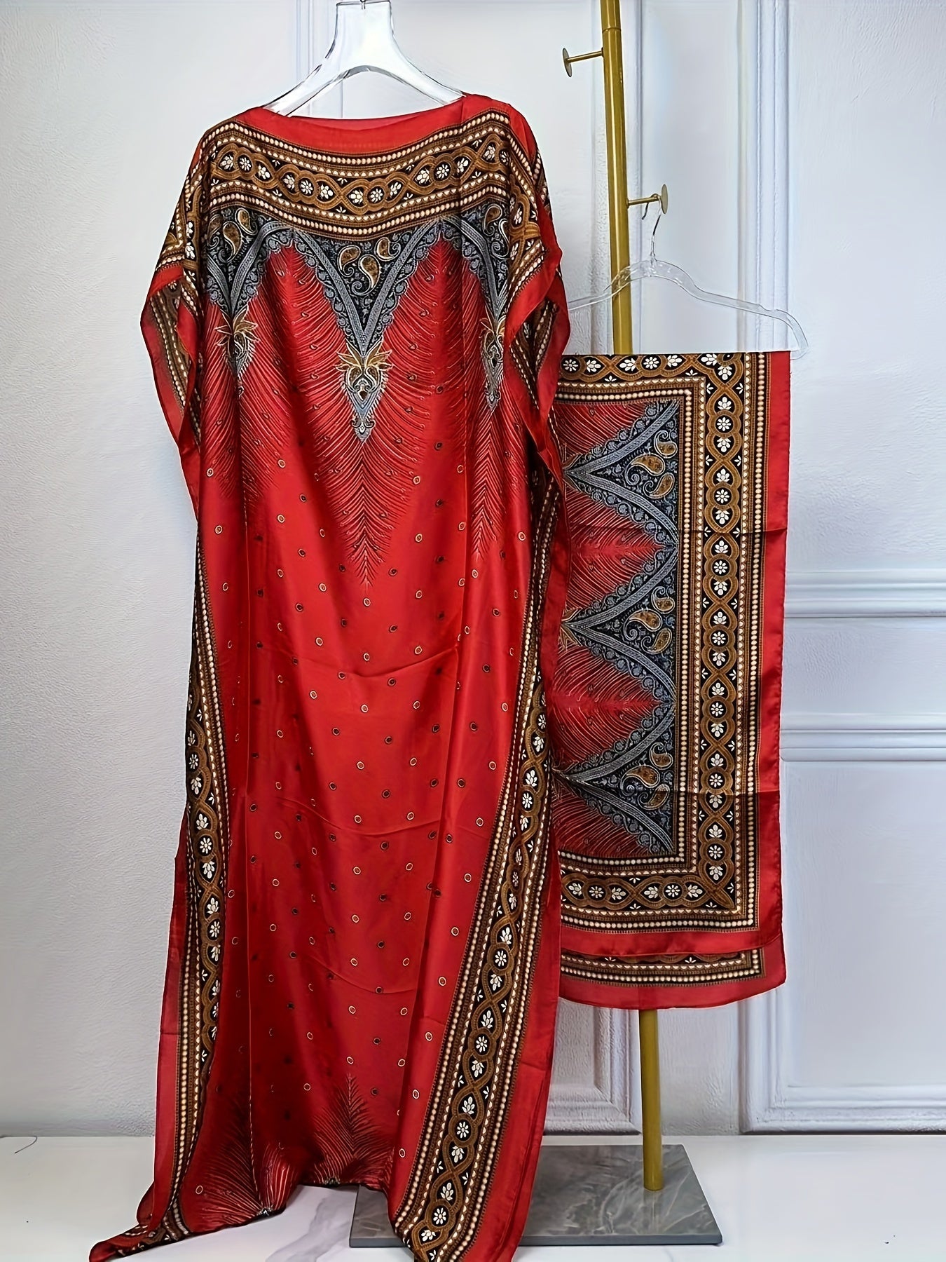 Women's Elegant Short Sleeve Loose Fit Long Dress - Traditional Middle Eastern Baju Abaya with All-Over Floral Print, Adjustable Waist Belt & Boat Neck Scarf - Breathable Machine-Washable