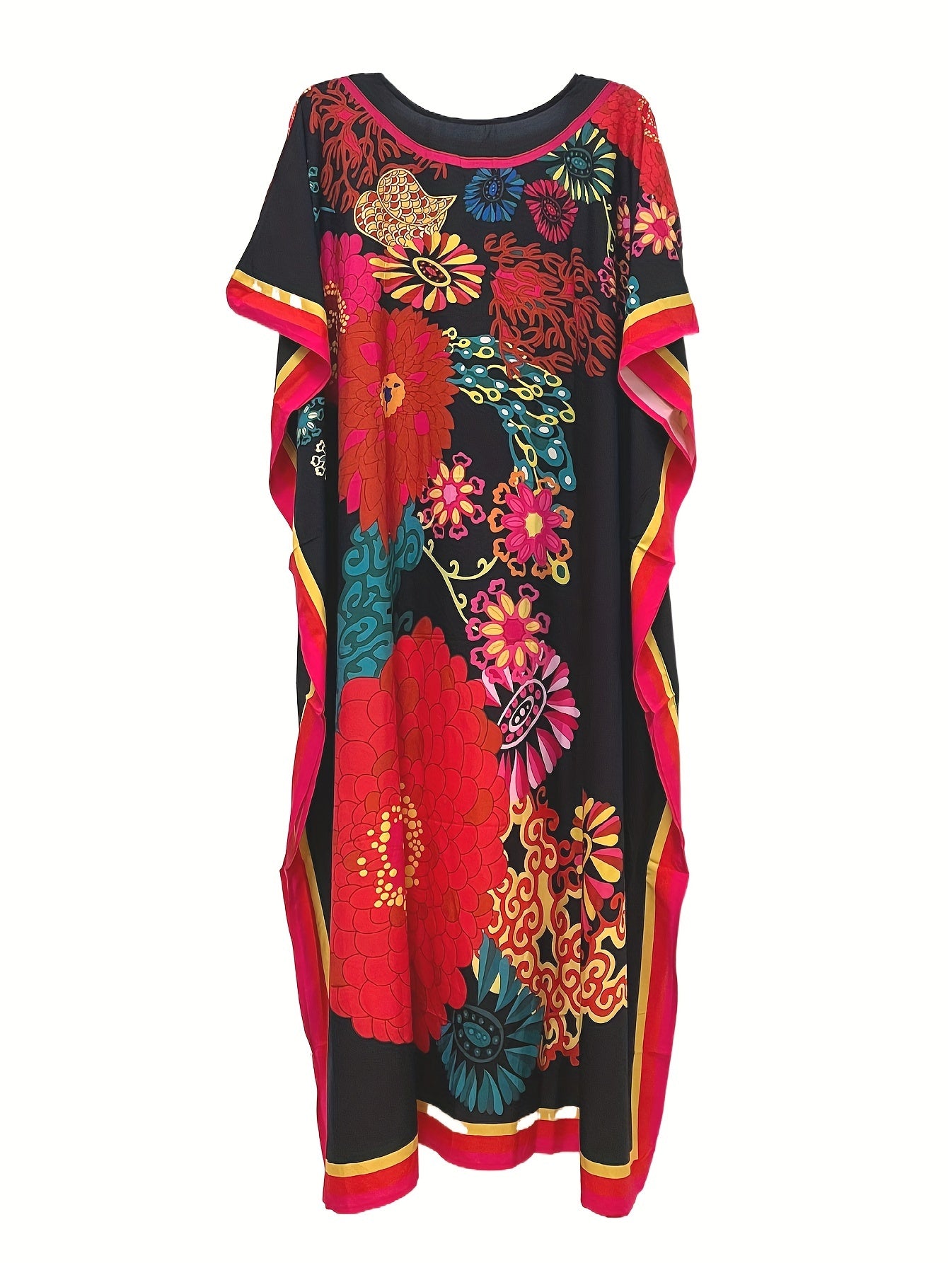 Women's Boho Style Cover Up, Plus Size Floral Pattern V Neck Loose Fit Vacay Beach Kaftan Dress