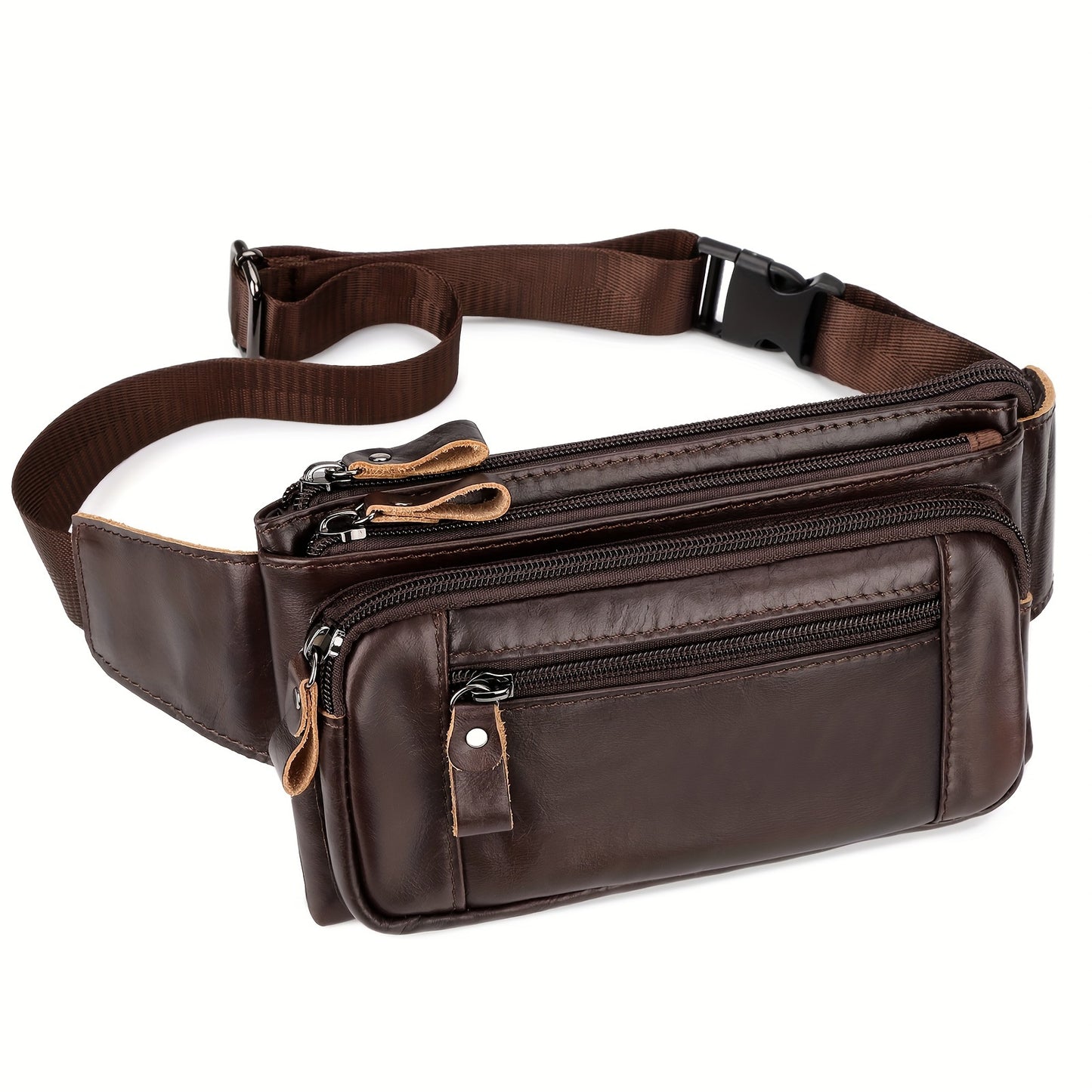 Genuine Leather Fanny Pack for Men & Women - Adjustable Crossbody Sling Bag with Multiple Zippered Compartments, Compact Chest Pack for Outdoor Travel