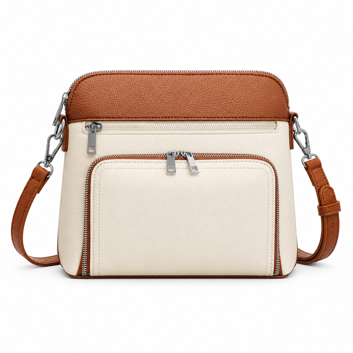Cream And Brown Zippered Crossbody Bag