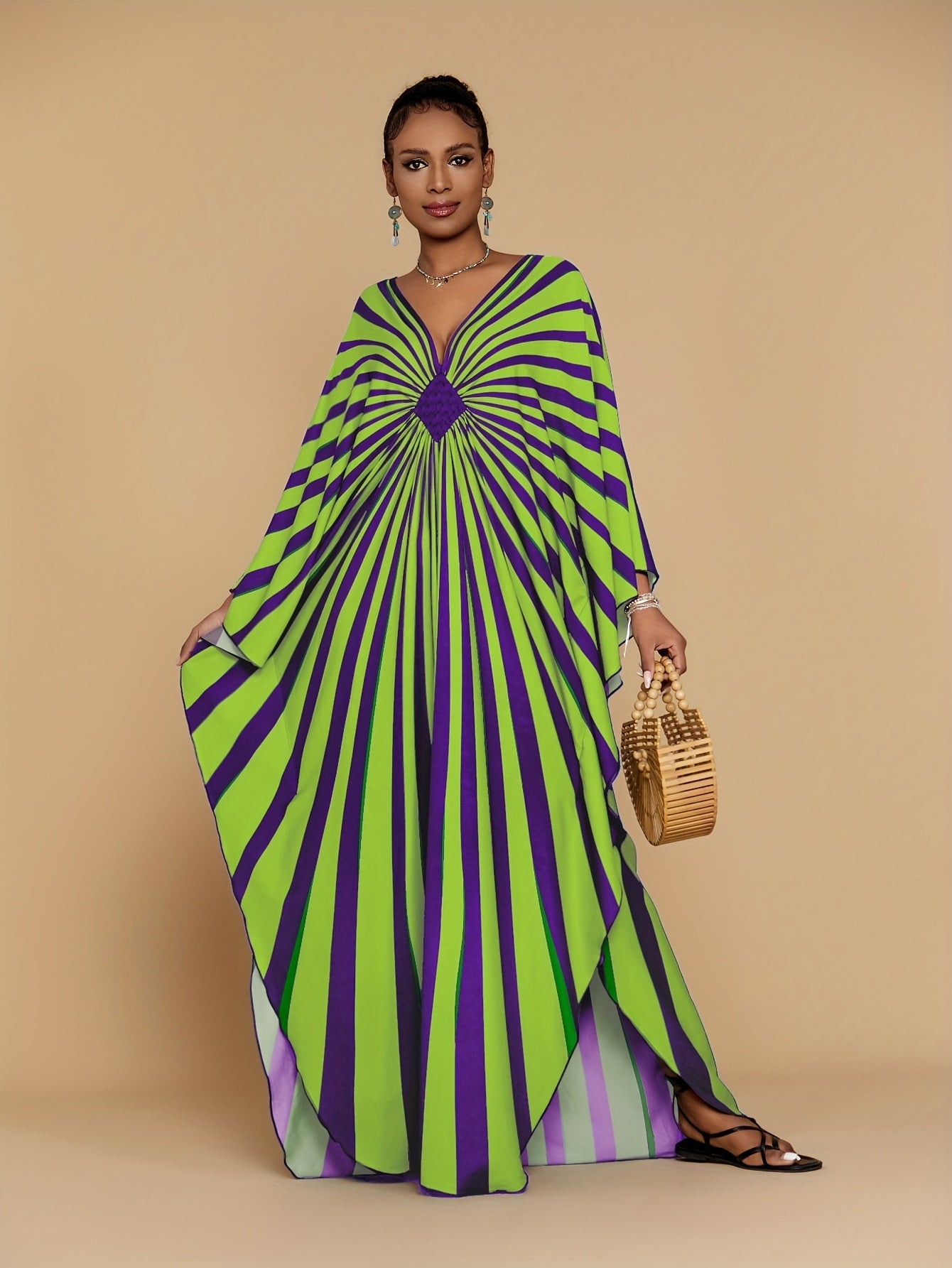 Plus Size - Bohemian Stripe Print Kaftan Dress for Women - V-Neck, Half Sleeve, Long Length, Lightweight Polyester, Perfect for Beach Coverup & Casual Vacation, Plus Size, Spring/Summer/Fall Wear, Beach Dress