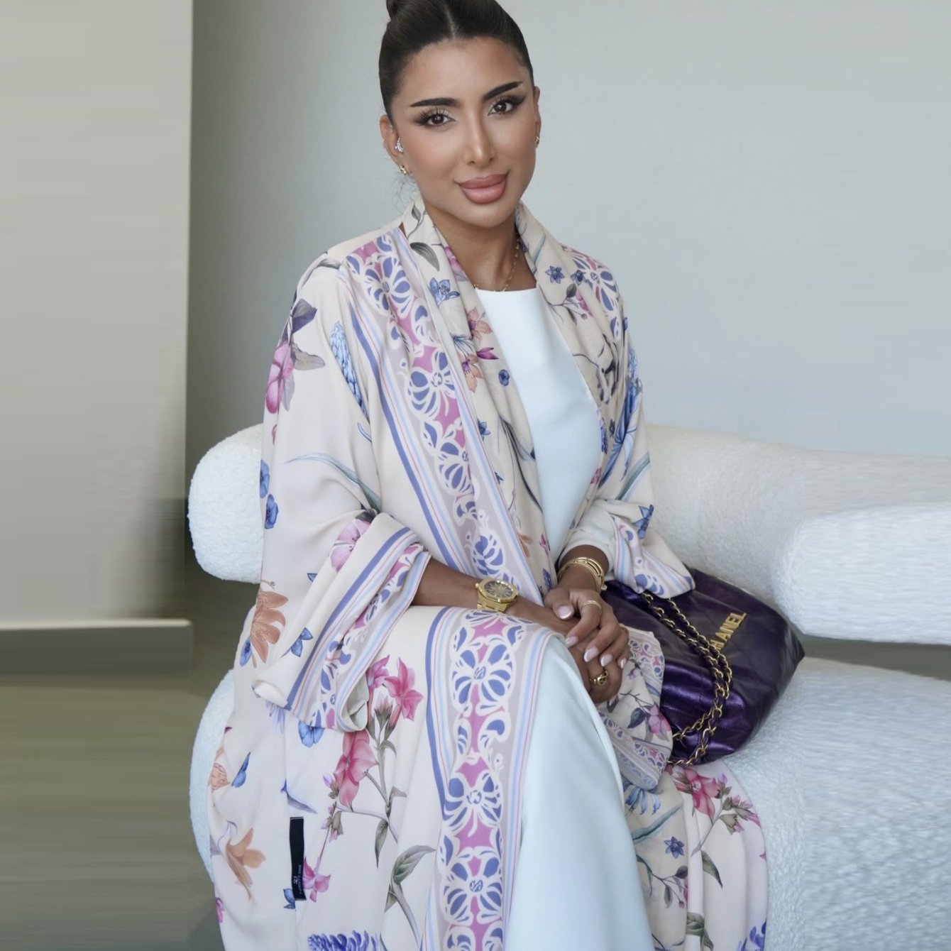 Elegant Open Abaya & Matching Headscarf Set - Floral Print, Long Sleeve, Loose Fit for Women - Ideal for Spring/Summer Outfits, Versatile Long Abaya|Floral Print Abaya|Traditional Abaya