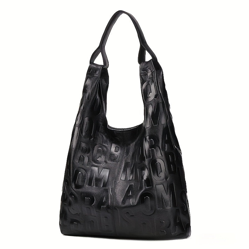 Black Cowhide Handbag, Large Capacity Messenger Bag Waterproof, Commuting Style Leather Tote Bag