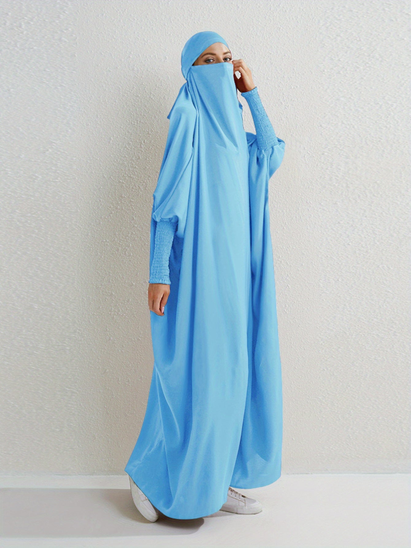 Elegant Loose-Fit Abaya Robe with Built-In Headscarf - Modest Ramadan Prayer Dress, Long Sleeve Butterfly Cuff Traditional Middle Eastern Full-Length Cover Dress, Solid Color Machine Washable, Religious Attire, Allseason Wear