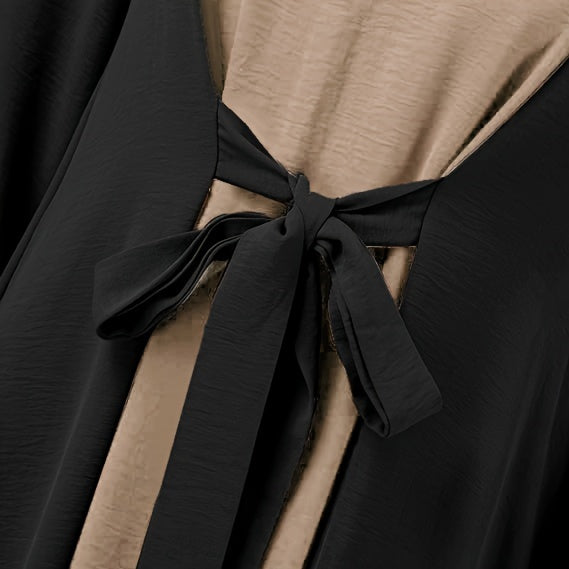 Modest Middle Eastern Baju Abaya Dress - Long Sleeve Round Neck Two-Tone Black & Beige with Adjustable Waist Tie, Non-Stretch Fabric for Ramadan, Daily Wear & Travel, Muslim Dress