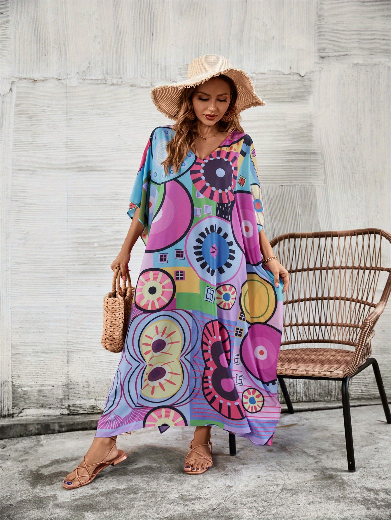 Plus Size Boho Chic Tropical Print Beach Kaftan - V-Neck, Batwing Sleeve Cover Up with Side Slit - Vibrant Geometric & Floral Design in Blue, Green, Pink & Purple - Perfect for Summer Vacations & Resort Wear, Bohemian Clothing