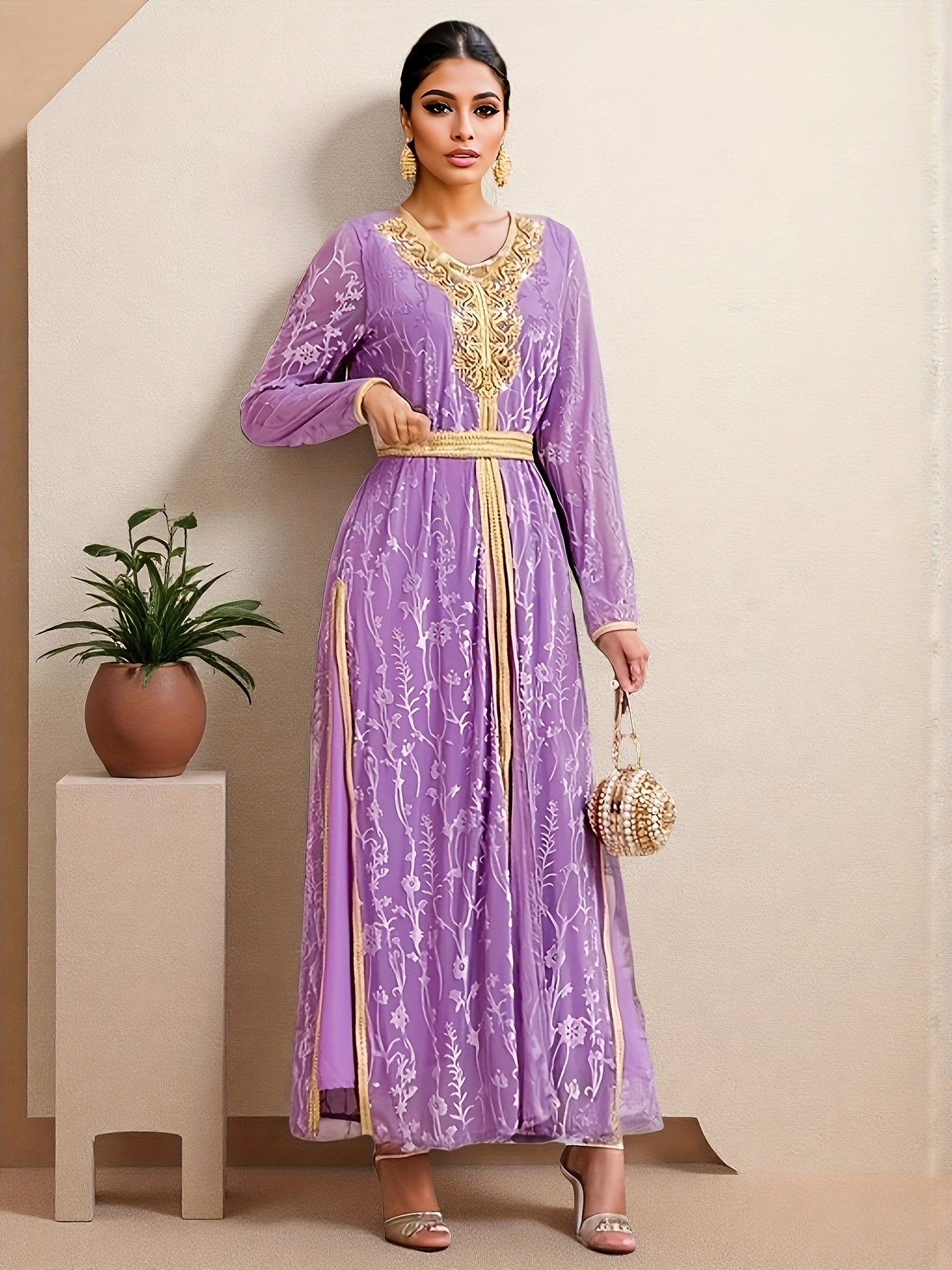 Elegant Women's Emirati Abaya Dress - Long Sleeve, Lace Detailing, Belted Waist, Flowing Design, Solid Purple, Perfect for Spring/Summer Casual Wear, Cultural Fashion, Elegant Attire | Flowing Abaya