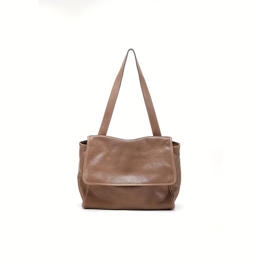Top-Grain Vintage Genuine Leather Tote Messenger Bag - Flap Closure, Fixed Shoulder Strap, Large Capacity