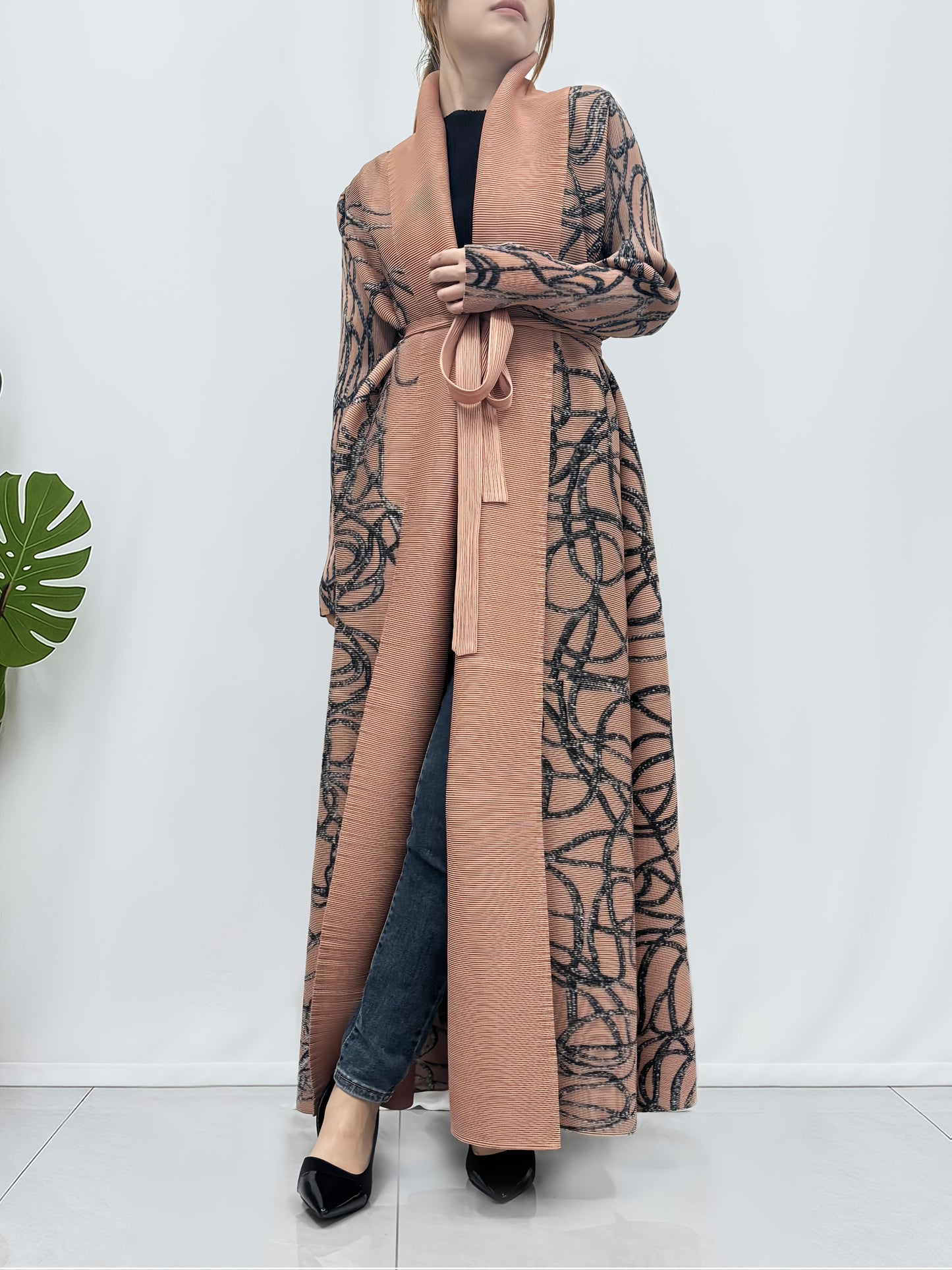 Women's Elegant Middle Eastern Abaya Robe - Long Maxi Dress with Adjustable Waist Belt, Flowy Pantsuit-like Outfit in Soft Pink/Black/, Stretchy Non-Transparent Fabric for Travel, Formal Events, Everyday