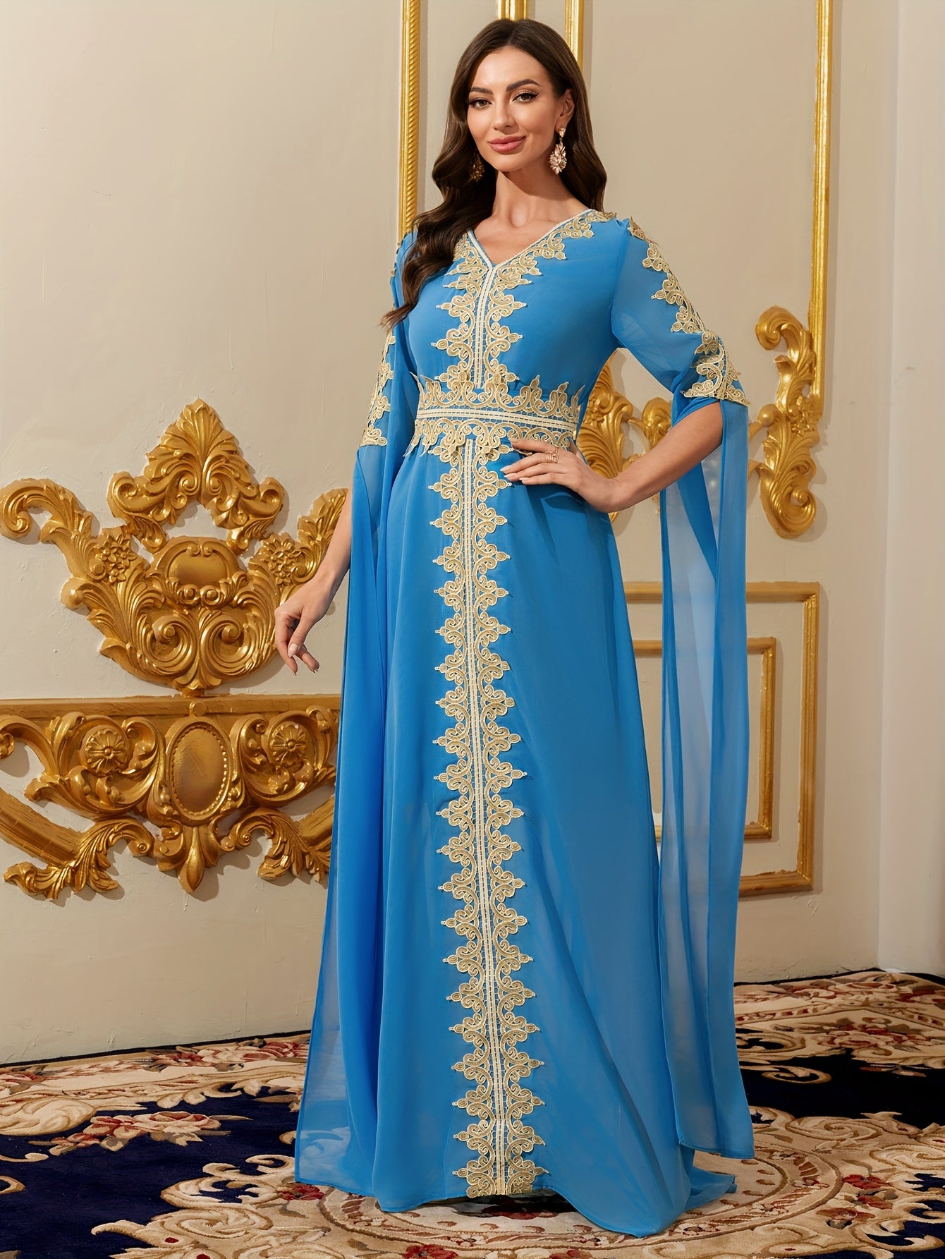 Long Sleeve Patchwork Arab National Costume Women's Evening Kaftan Abaya Dress from Middle East Dubai