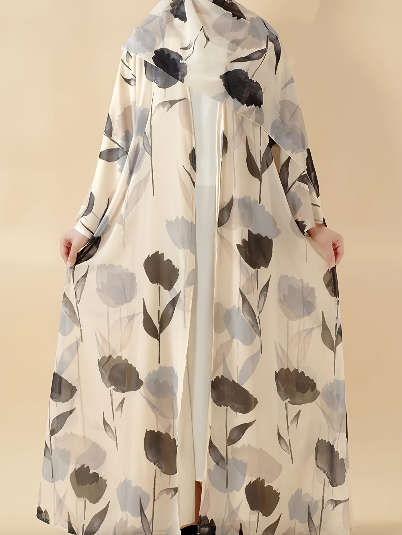 2pcs Elegant Muslim Women's Pakistani Abaya & Headscarf Set - Floral Print Long Sleeve Robe with Lightweight Comfortable Fabric, Perfect for Daily Wear, Family Gatherings, and Travel
