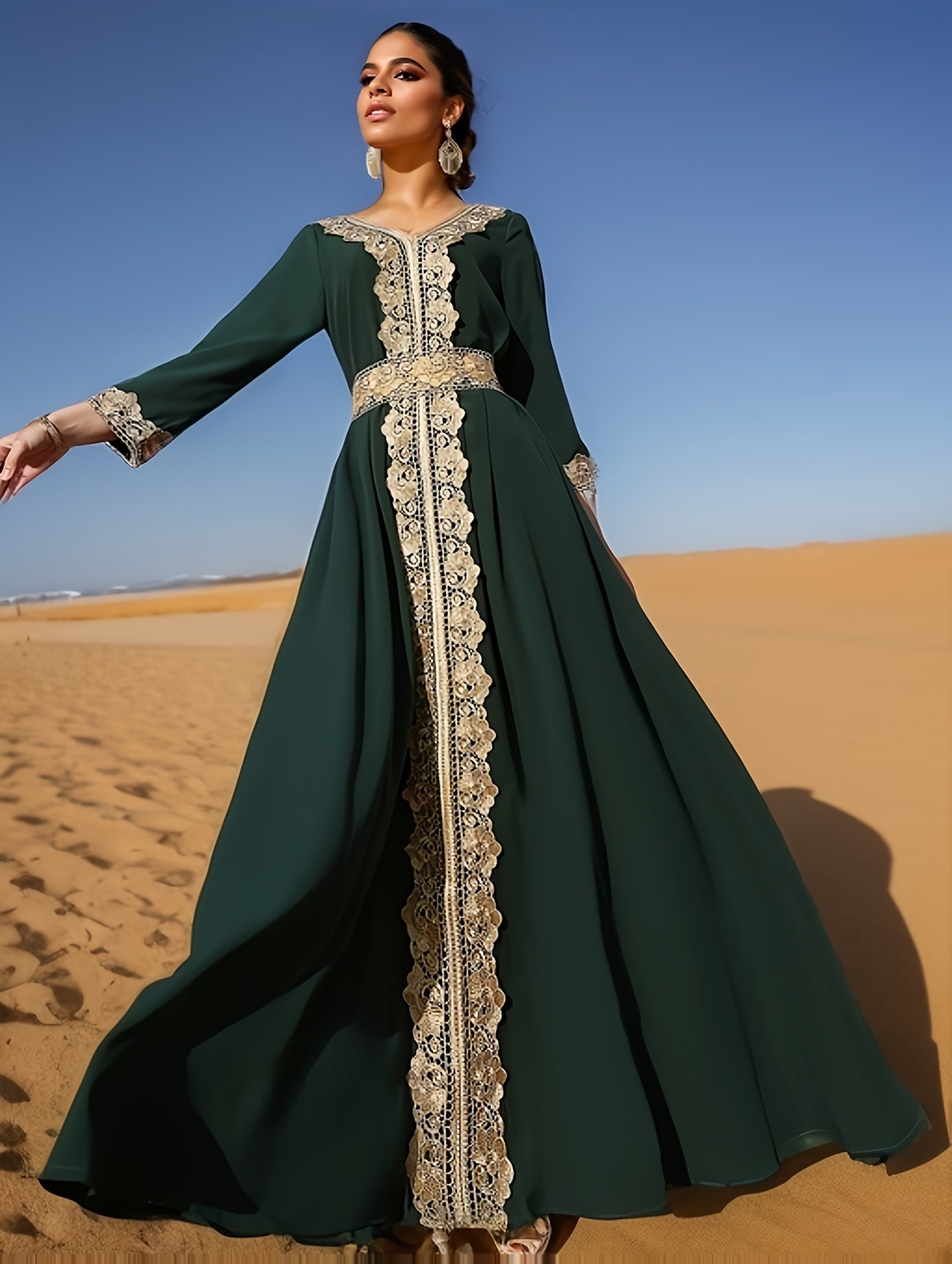 Elegant Golden Contrast Lace Detail Maxi Palestinian Abaya - V-Neck, Long Sleeve, Polyester, Formal or Evening Wear for Women, Formal Occasion Attire | Lace Detailing | Polyester Fabric