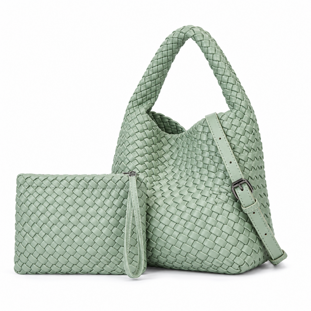 Sage Green Woven Hobo Bag With Pouch