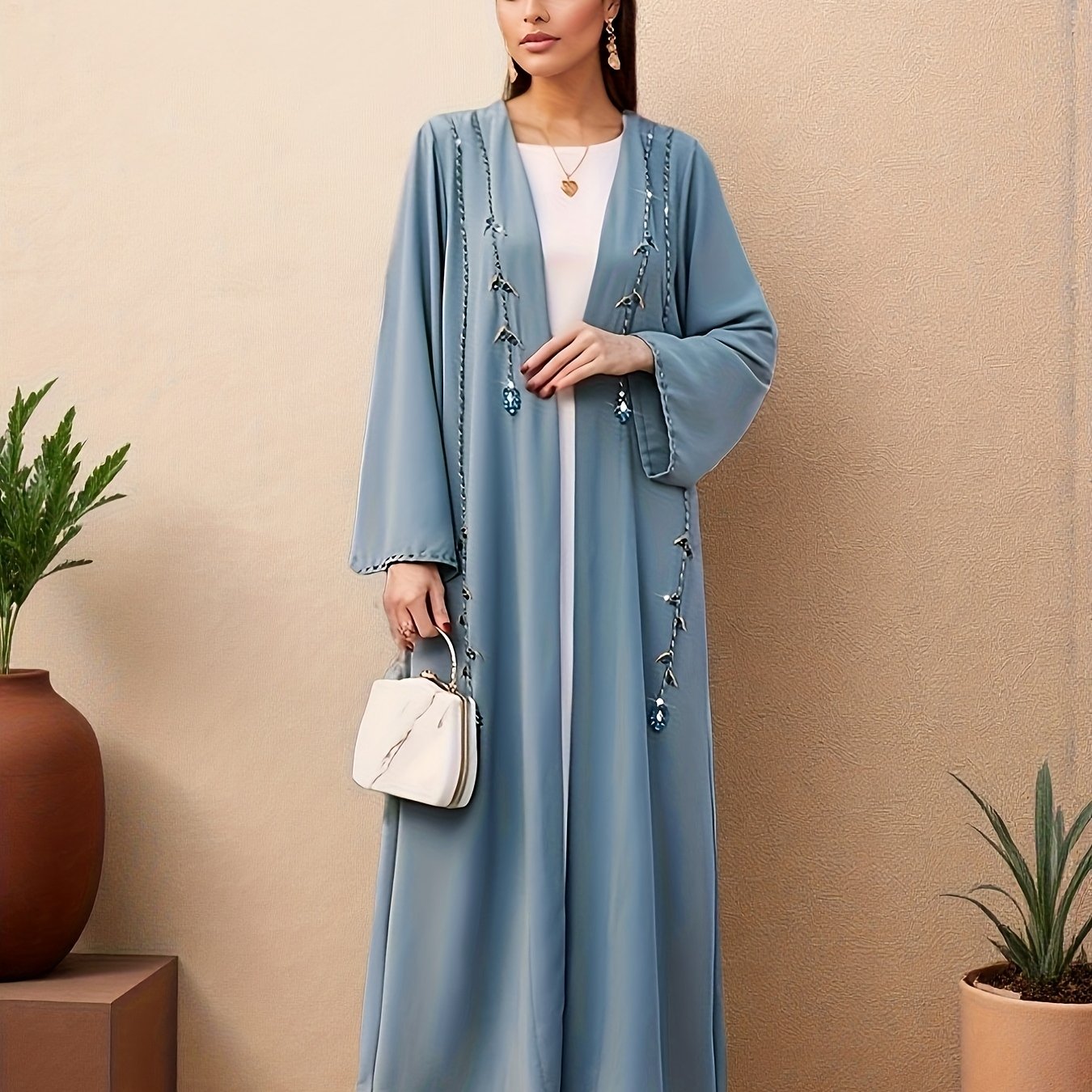 Women's Handmade Blue Rhinestone Abaya Dress - Long Sleeve, Open Front, Lightweight Summer Dress with Intricate Patterns, Perfect for Casual or Cultural Wear, Cultural Attire