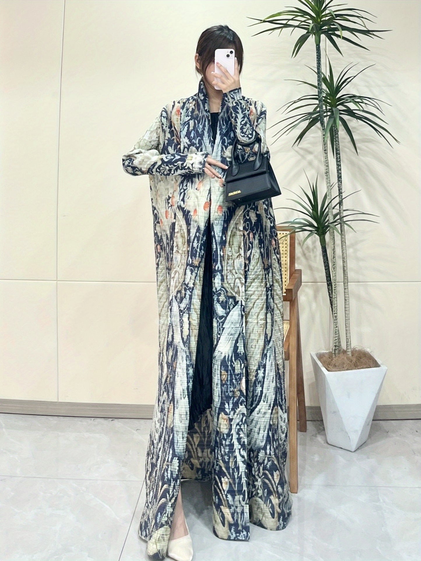 2025 Summer New Miyake-Style Kaftan Abaya, Long Sleeve, High-Elasticity Polyester Dress with Geometric Print, Belted Waist Design - Versatile for Daily Commute & Formal Occasions