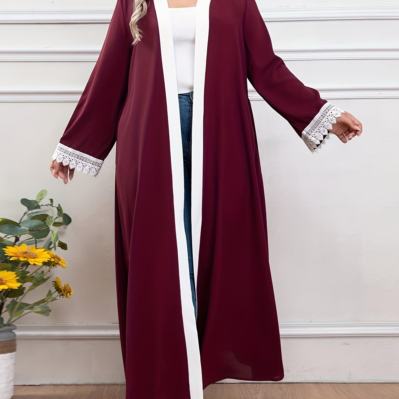 Plus Size Elegant Lace Trim Belted Kaftan Coverup - Stylish Open Front Abaya, Long Sleeve, Flowy Design, Comfortable Wear - Women's Plus Size Clothing for Beach, Pool, or Resort