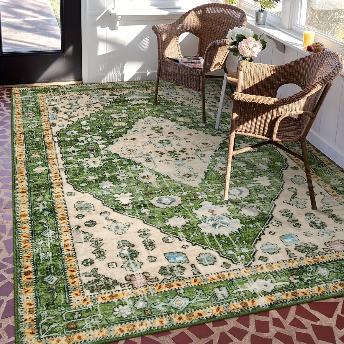 Boho Tribal Area Mat - Distressed Green Machine Washable & Non-Slip 100% Artificial Fur Mat, Large Sizes up to 2.16m² for Entryway, Bedroom, Living Room, Office - Bohemian Indoor Floor Rugs, Entryway Decor, Large Area Carpet