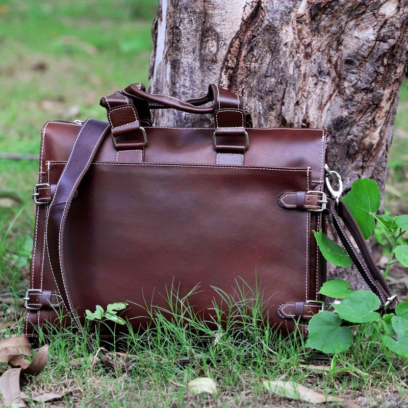 Leather Laptop Briefcase Bag for Men 3 Zipper Pockets with Spacious Compartments 15 X12X4 Inches.