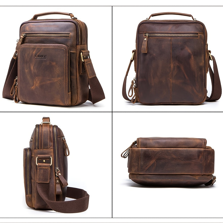 3 Color Vintage Leather Men'S Shoulder Bag Messenger Bag Crossbody Bag Handbag Zipper Pocket 9.7" Tablet Holder Gift