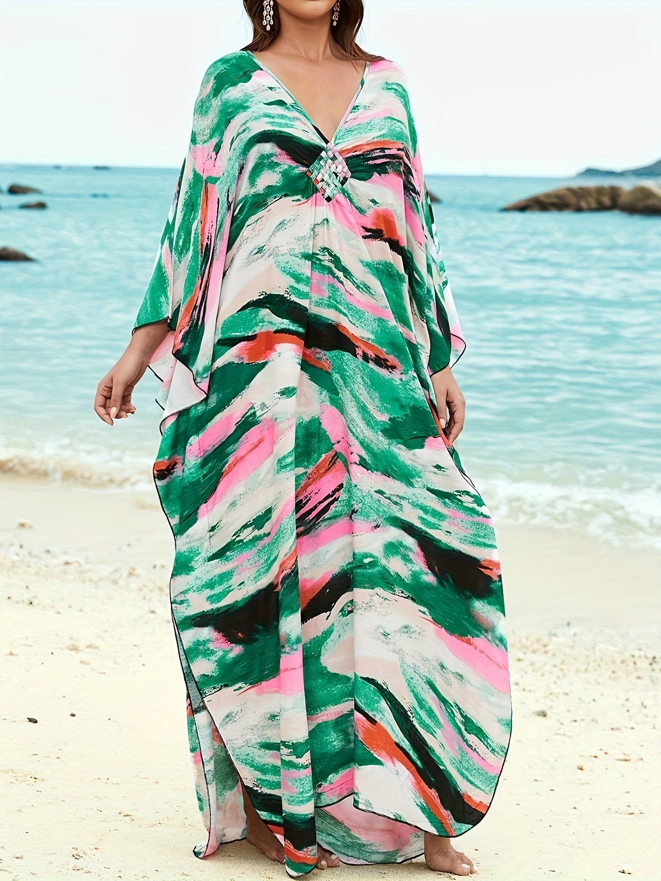Women Plus Size Kaftan Dress Swimsuit Print Kaftan Beach Cover Up Dress