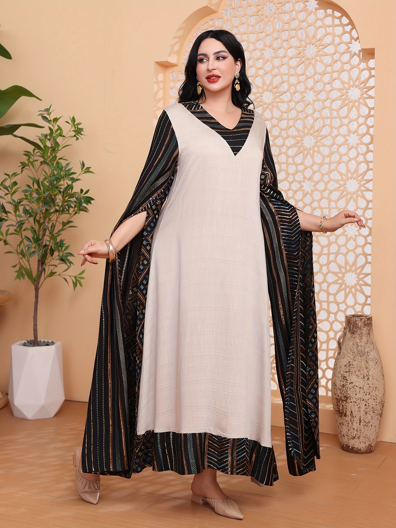 Directional Heavy-Duty Golden-Colored Beaded Embroidery Arabic Women's Elegant Kaftan Abaya with V-Neck, Majestic and Fashionable Traditional 2025 Spring/Summer