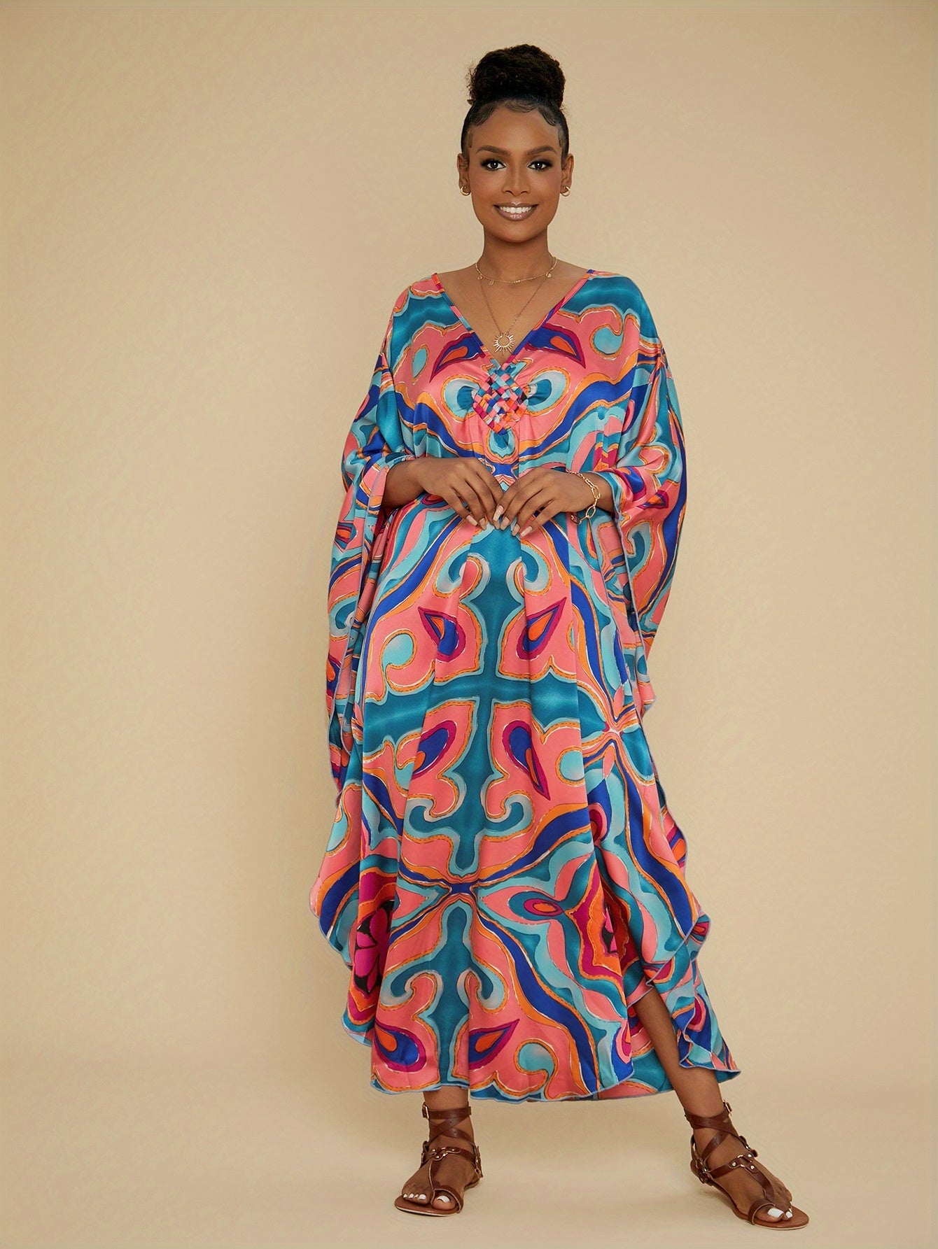 Kaftan Dresses for Women Colorful Stripe Print Crew Neck Beach Cover Up Kaftan Robe Casual Home Vacation Bat Sleeve Large Size Swimwear Cover Up Side