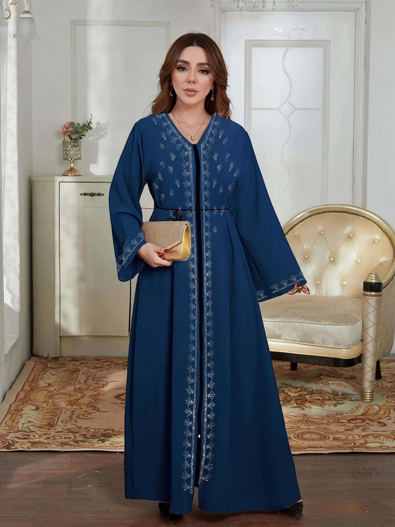 Ramadan 2025 Muslim Women's Open Cardigan Middle Eastern Robe Loose Floor-Length Diamond Studded Long Abaya with Zipper