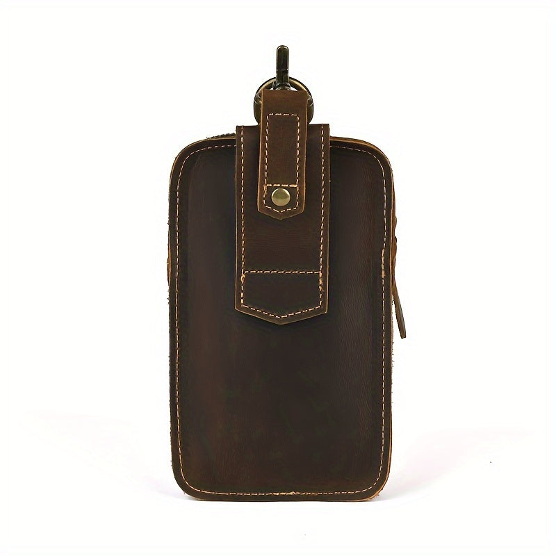 Men's Retro Genuine Leather Belt Bag - Anti-Theft Lightweight Belt Clip with Multiple Zippered Compartments for Phone & Essentials