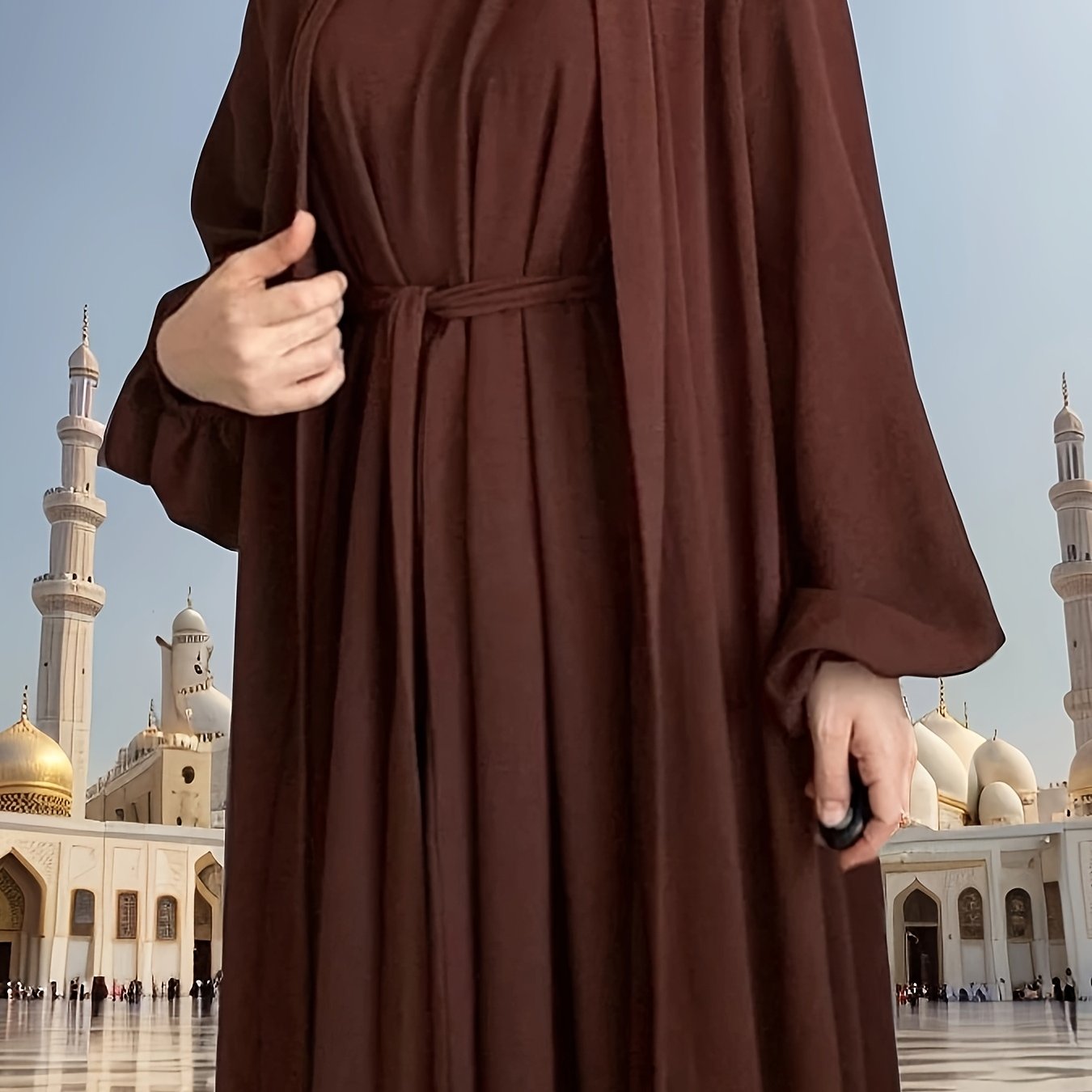 3pcs Elegant Open Arabic Abaya & Pocket Belt Abaya Set - Solid Color, Stretchy Polyester, Breathable for Spring/Summer - Ideal for Ramadan & Muslim Women, Lightweight Islamic Kaftan Dresse