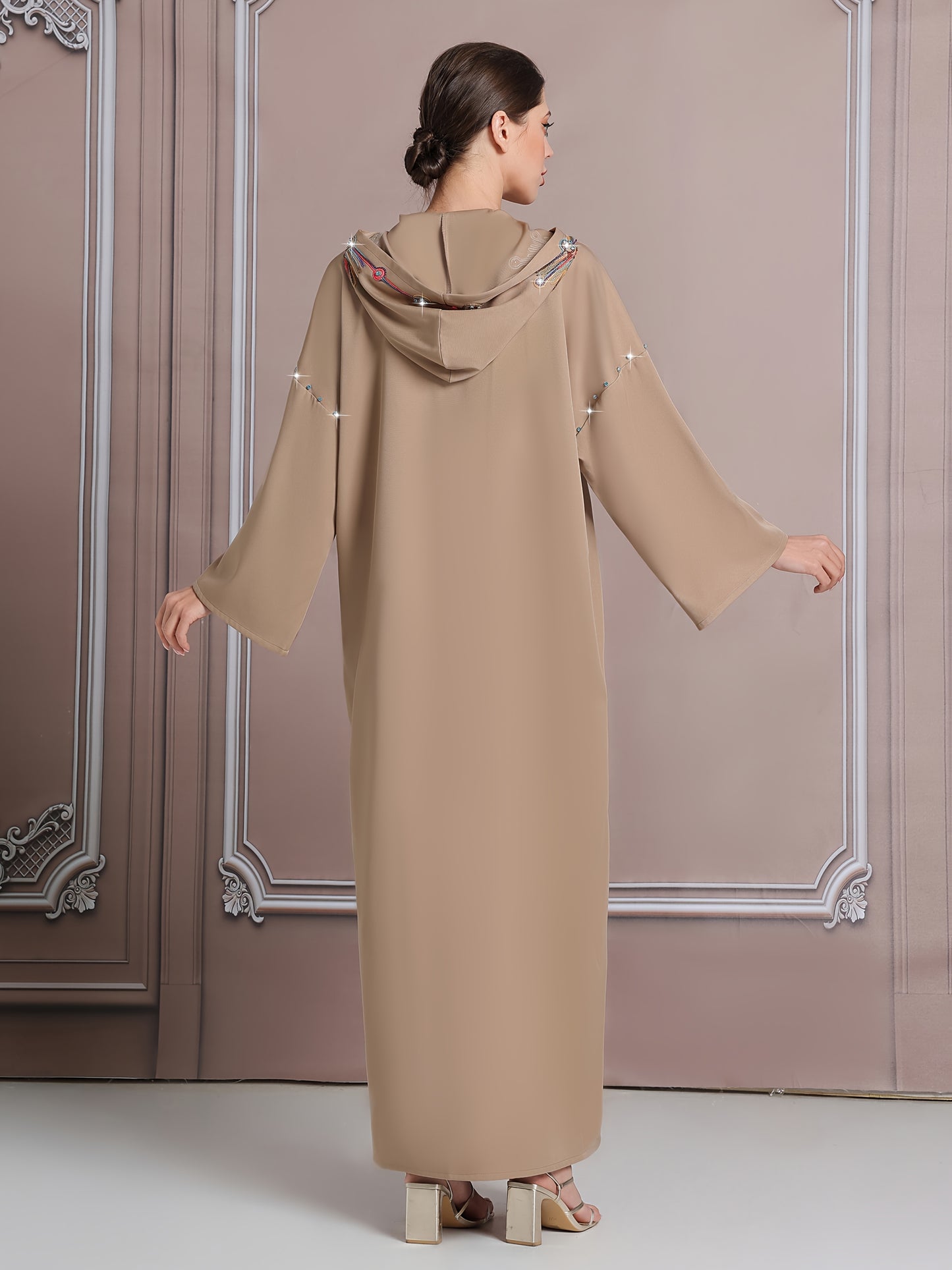 Elegant Long-Sleeve Kaftan with Colorful Embroidery - Polyester, Drop Shoulder, Slit Hem, No Belt, All-Season Wear, Abaya for Women, Festive Attire|Elegant Embroidery|Polyester Kaftan