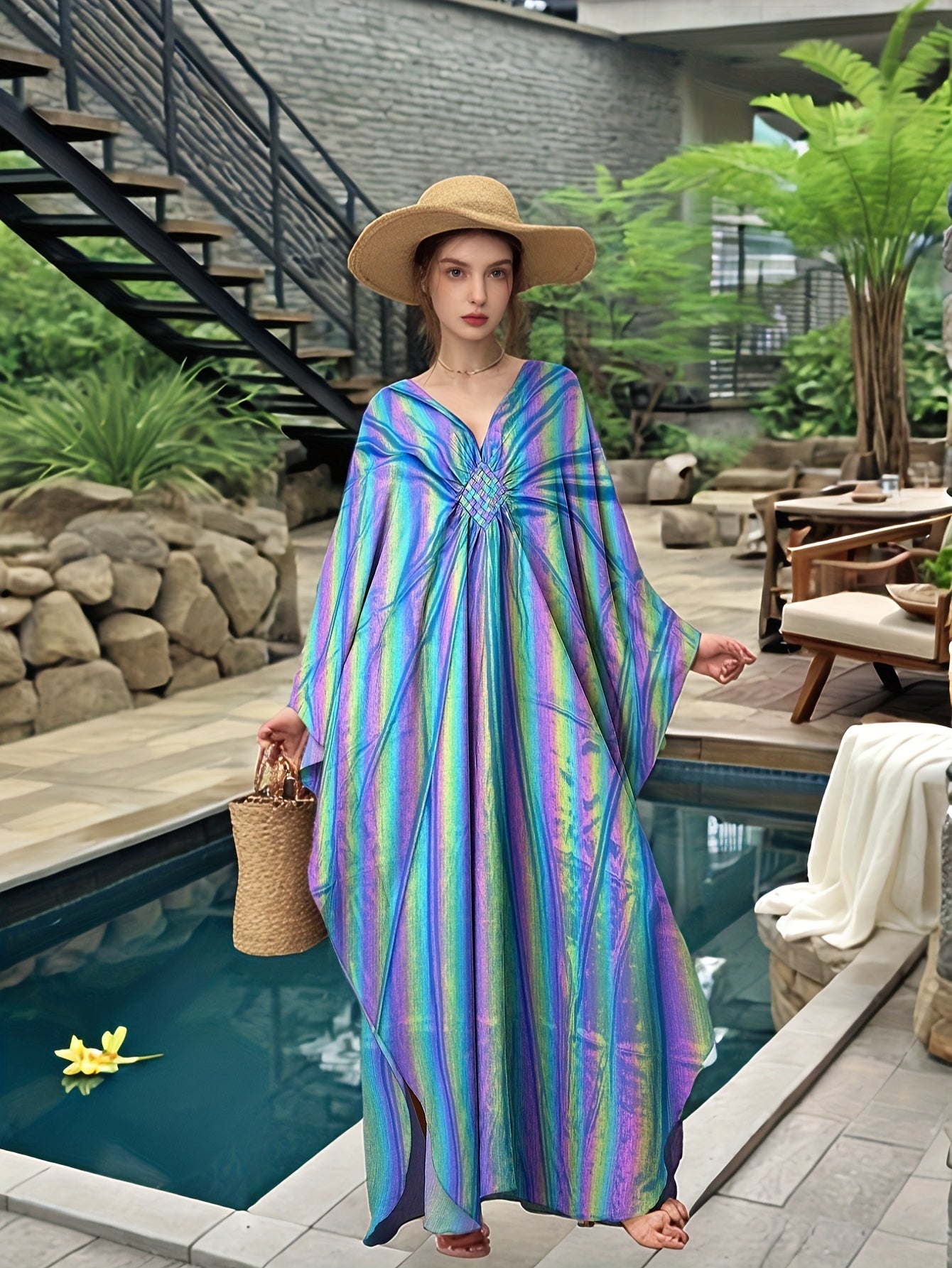 Kaftan Dresses For Women Sparkly Glitter Batwing Sleeve Kaftan Cover Up Beach Maxi Dress Loungewear