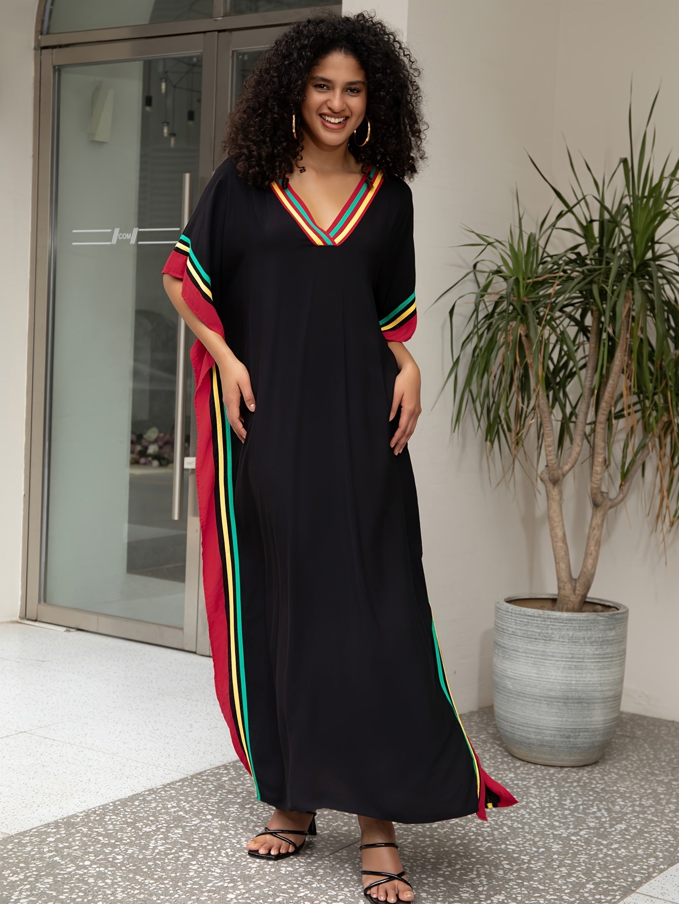 Stylish Women's Kaftan Maxi Dress - Comfortable Batwing Sleeve V Neck Design