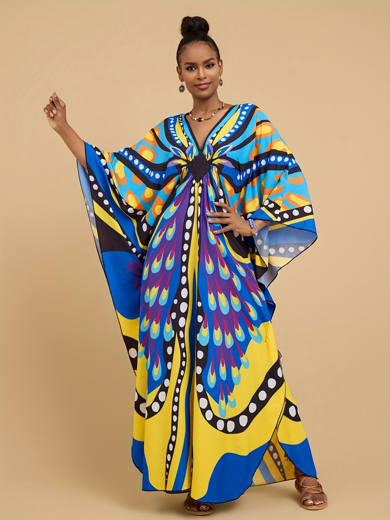 Plus Size - Maxi Dress - Vibrant Butterfly Abaya Cover Up, V-Neck Batwing Sleeve Tunic with Asymmetrical Hem, Loose Fit Long Beach Dress for Women, Spring Summer Fall Casual Outings, Beach Dress