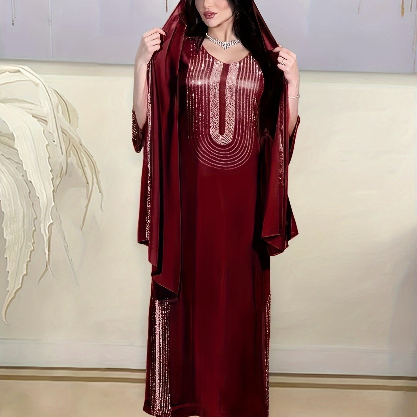 Elegant Tribal Pattern Polyester Modern Abaya, 100% Polyester Woven Dress, Rhinestone Embellished, Versatile for Home & Commute, Spring/Summer/Fall Collection